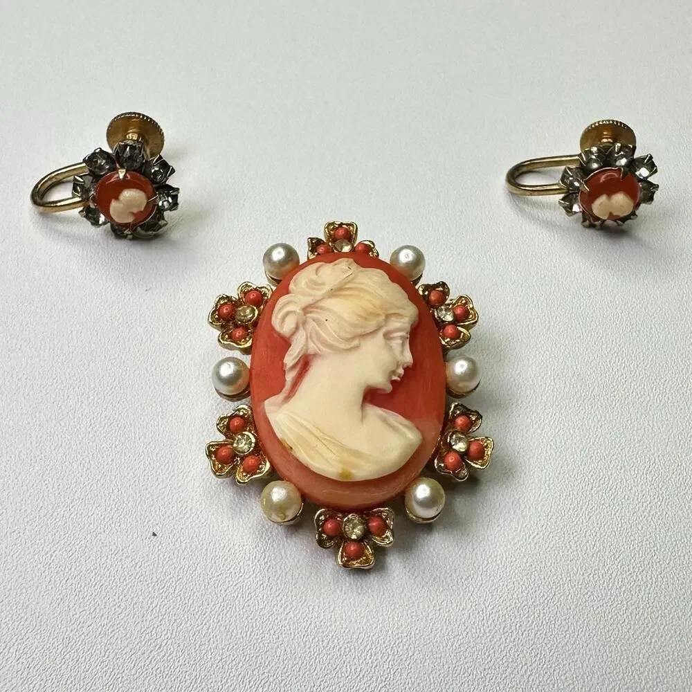 Vintage Cameo Brooch and Earrings Set Coral Pearl Detailing Victorian Style